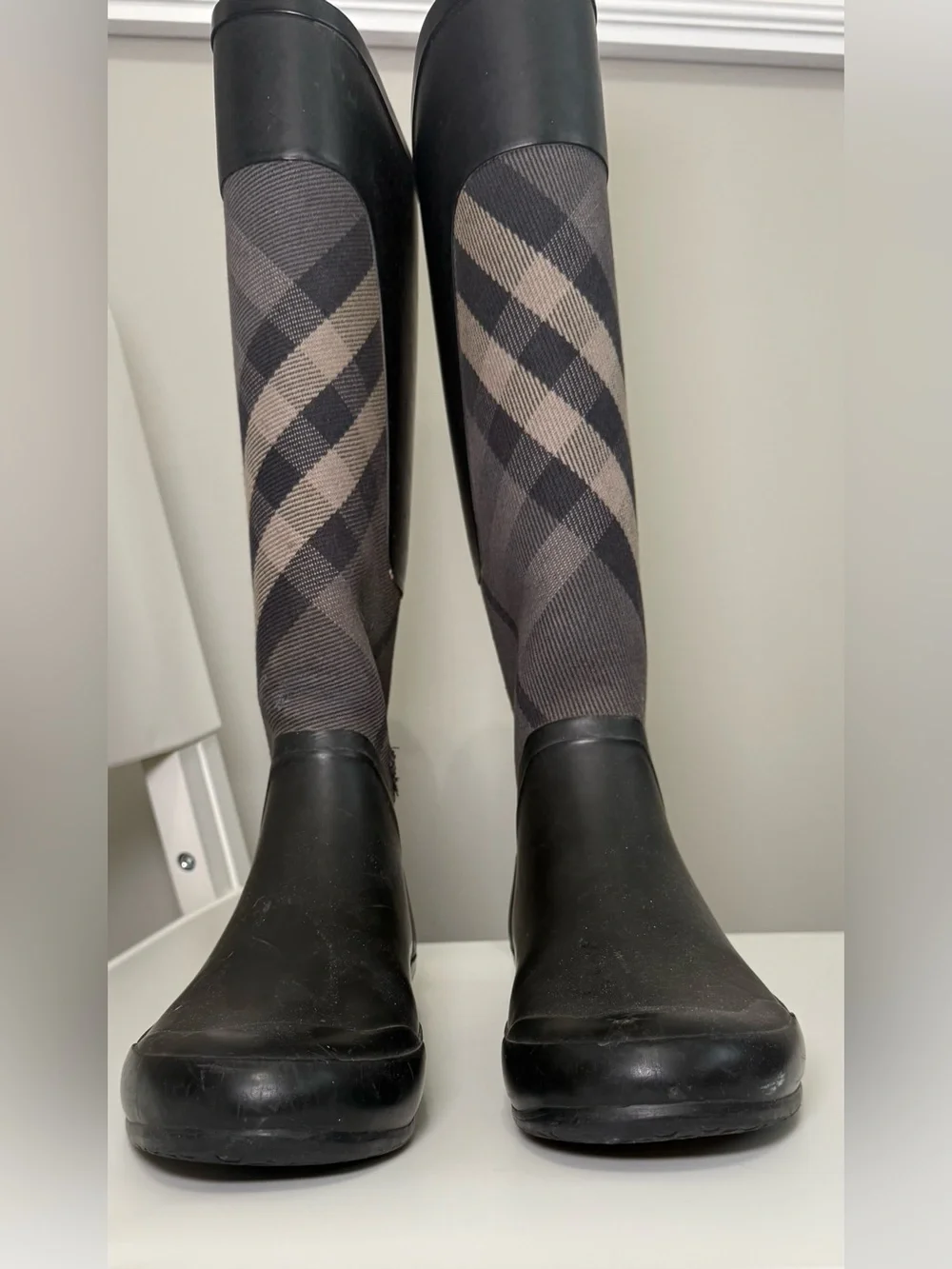 Burberry Black and Beige Plaid Over-the-Knee Rain Boots